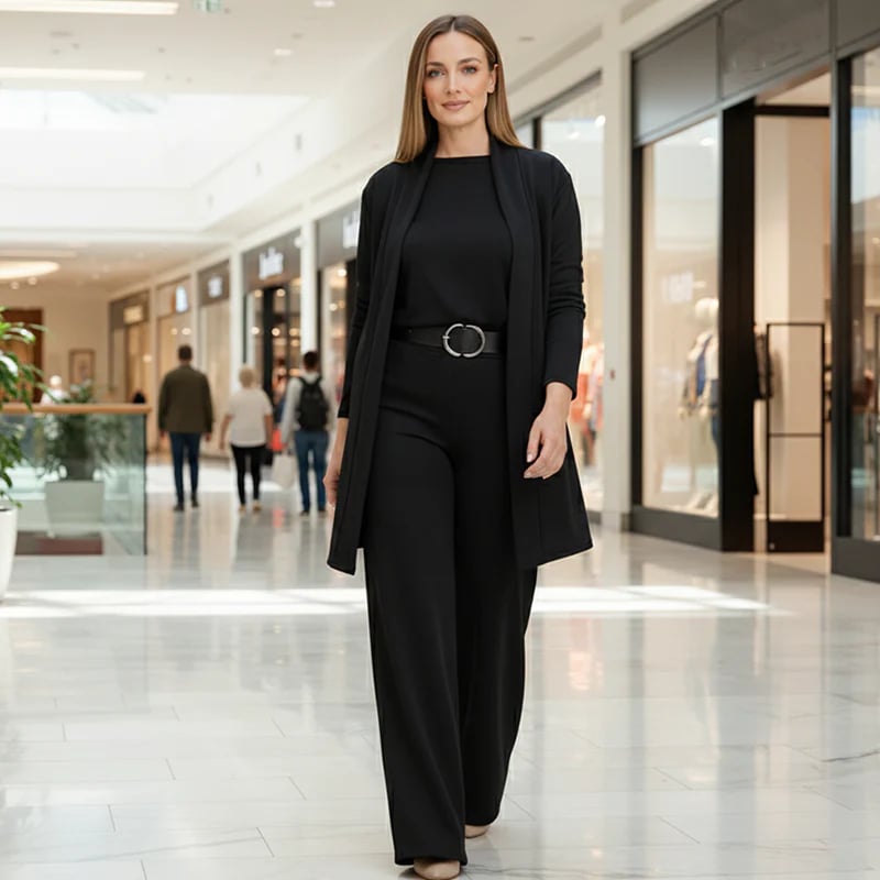 Schickes 3-teiliges Ensemble: Langer Cardigan, Top und Hose