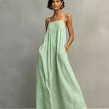 Minimalistisches, gestreiftes Maxikleid für Damen mit roten Akzenten und Spaghettiträgern