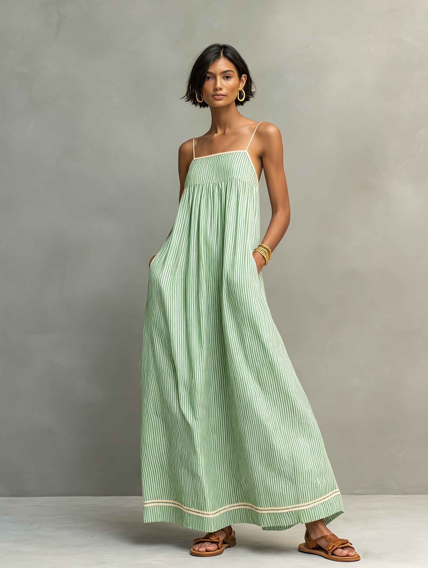 Minimalistisches, gestreiftes Maxikleid für Damen mit roten Akzenten und Spaghettiträgern
