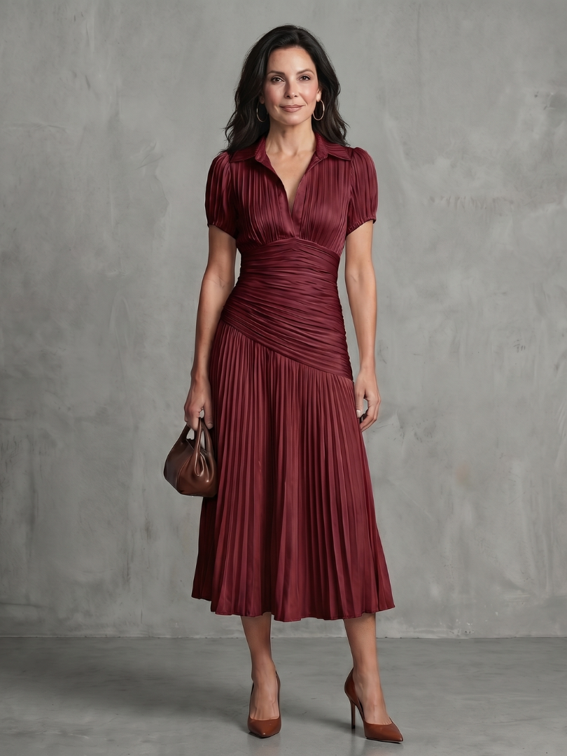 Theodora | Plissierter Taillenstreifen Midi-Kleid