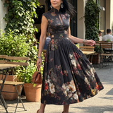 Greta | Hochgeschlossenes Schlüsselloch Blumen Falten Midi Kleid