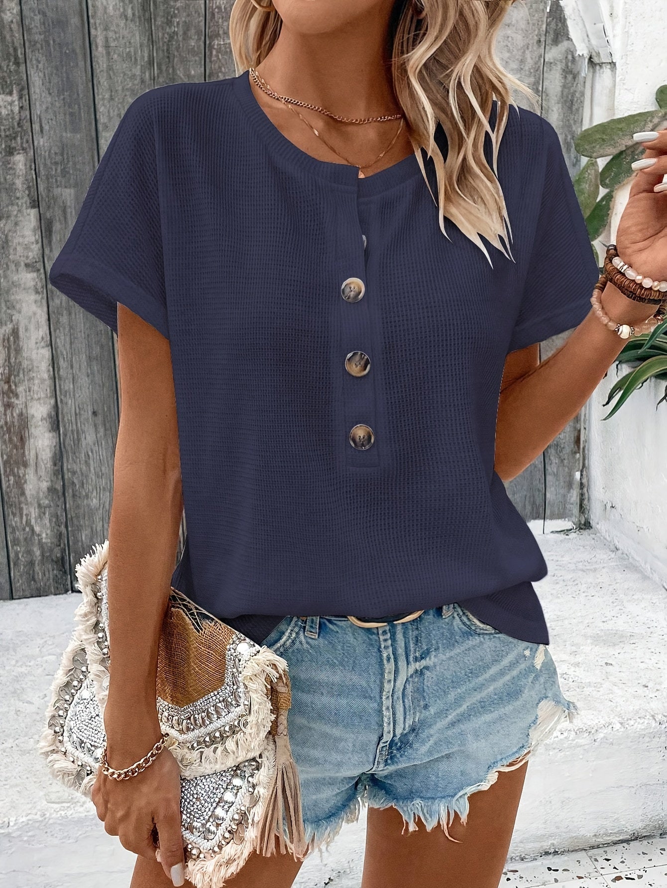 Freyja™ - Schickes Henley-Hals T-Shirt