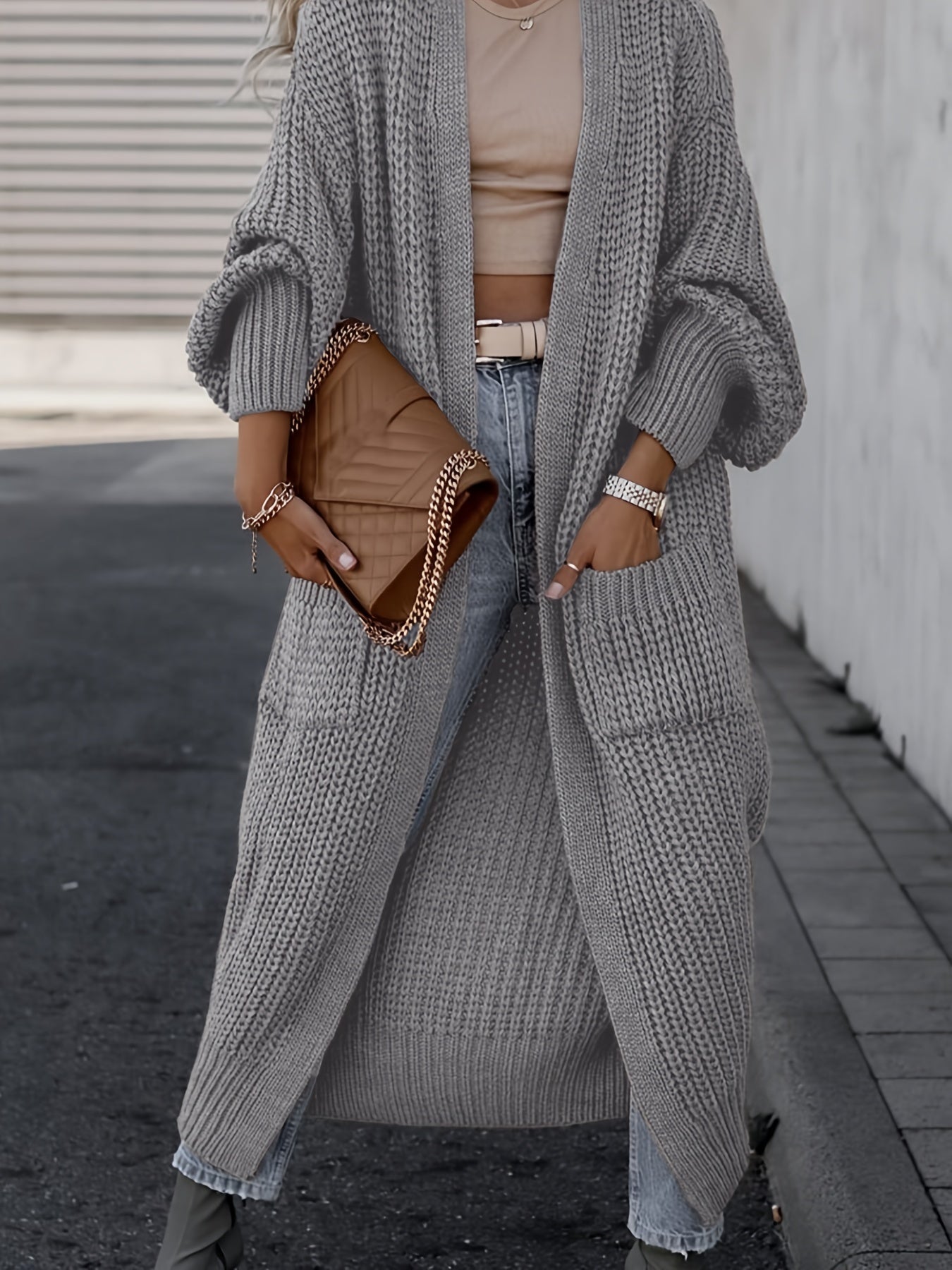 Damen Maxi Cardigan mit langen Ärmeln und Taschen