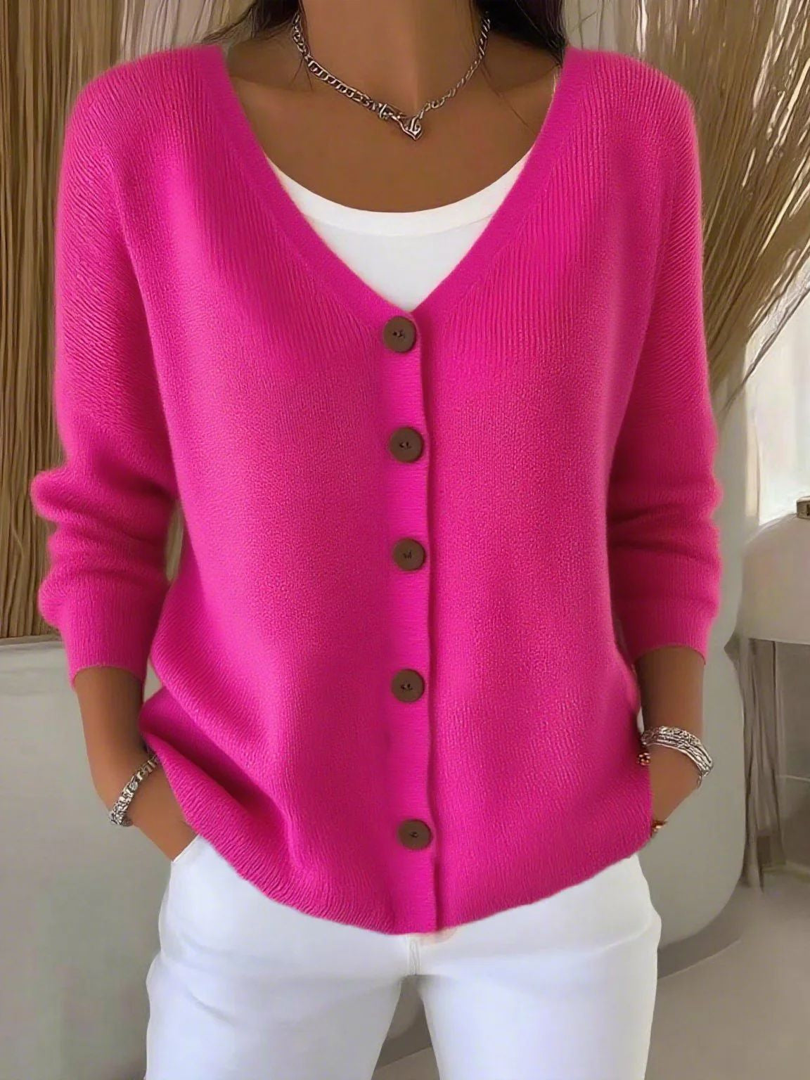 Olivia™ - Langarm V-Ausschnitt Knopf Pullover