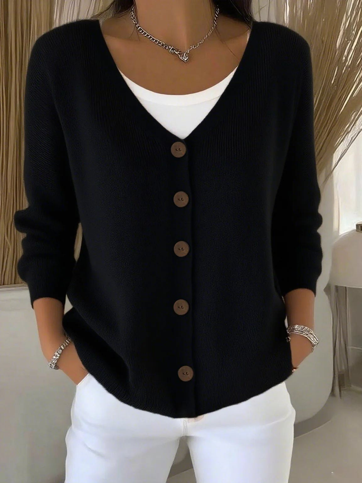 Olivia™ - Langarm V-Ausschnitt Knopf Pullover