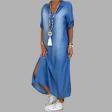 Lea | Damen V-Ausschnitt Kurzarm Maxikleid mit Seitenschlitz
