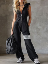 Retro-inspirierter schwarzer ärmelloser Kapuzen-Jumpsuit mit sportlichen Spitzenstreifen