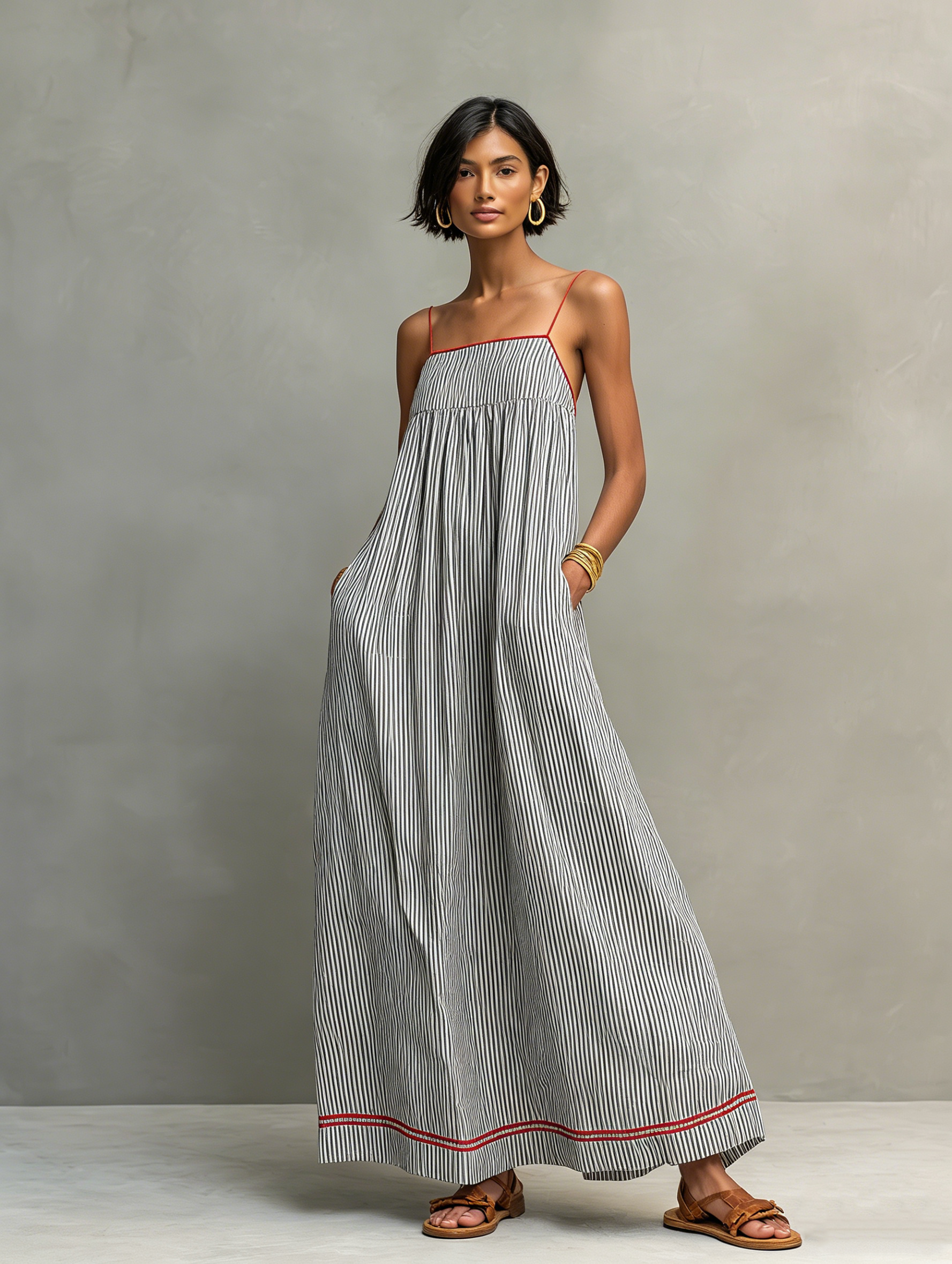Minimalistisches, gestreiftes Maxikleid für Damen mit roten Akzenten und Spaghettiträgern