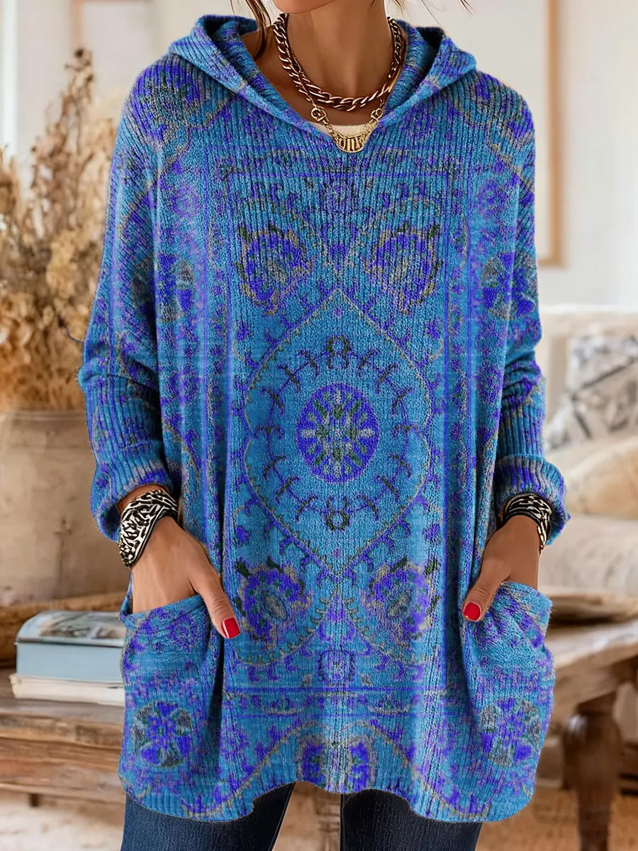 Vintage-inspirierte Kapuzenstrick-Tunika mit Taschen und ethnischem Druck