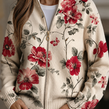 Wilhelmine | Damen Strickjacke mit Blumenmuster und Reißverschluss