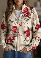 Wilhelmine | Damen Strickjacke mit Blumenmuster und Reißverschluss