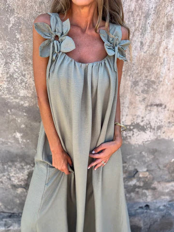 Blumenmuster Damenkleid mit U-förmigem Ausschnitt in einfarbig
