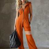 Retro-inspirierter schwarzer ärmelloser Kapuzen-Jumpsuit mit sportlichen Spitzenstreifen