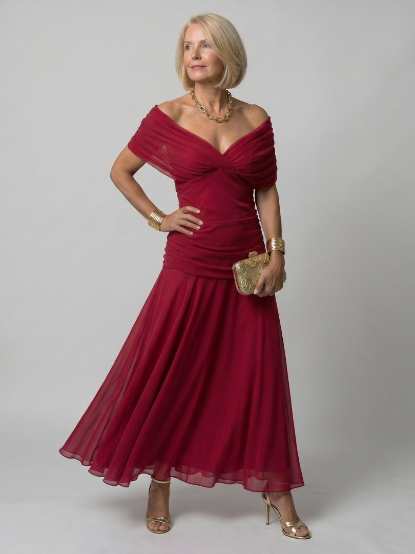 Calen | Elegantes Off-Shoulder-Midi-Kleid mit fließendem Design