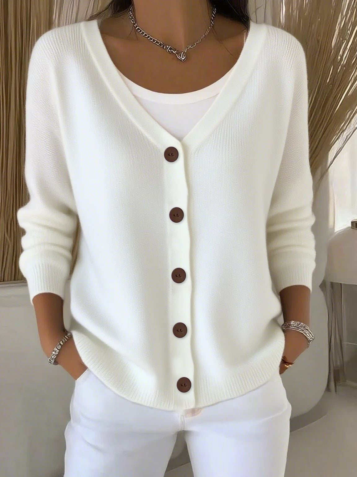 Olivia™ - Langarm V-Ausschnitt Knopf Pullover