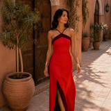 Damen Maxikleid mit Neckholder und Seitenschlitz