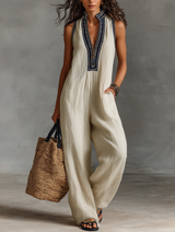 Minimalistischer, ärmelloser Damen-Jumpsuit mit Reißverschluss und Stehkragen, verziert mit Stickereien