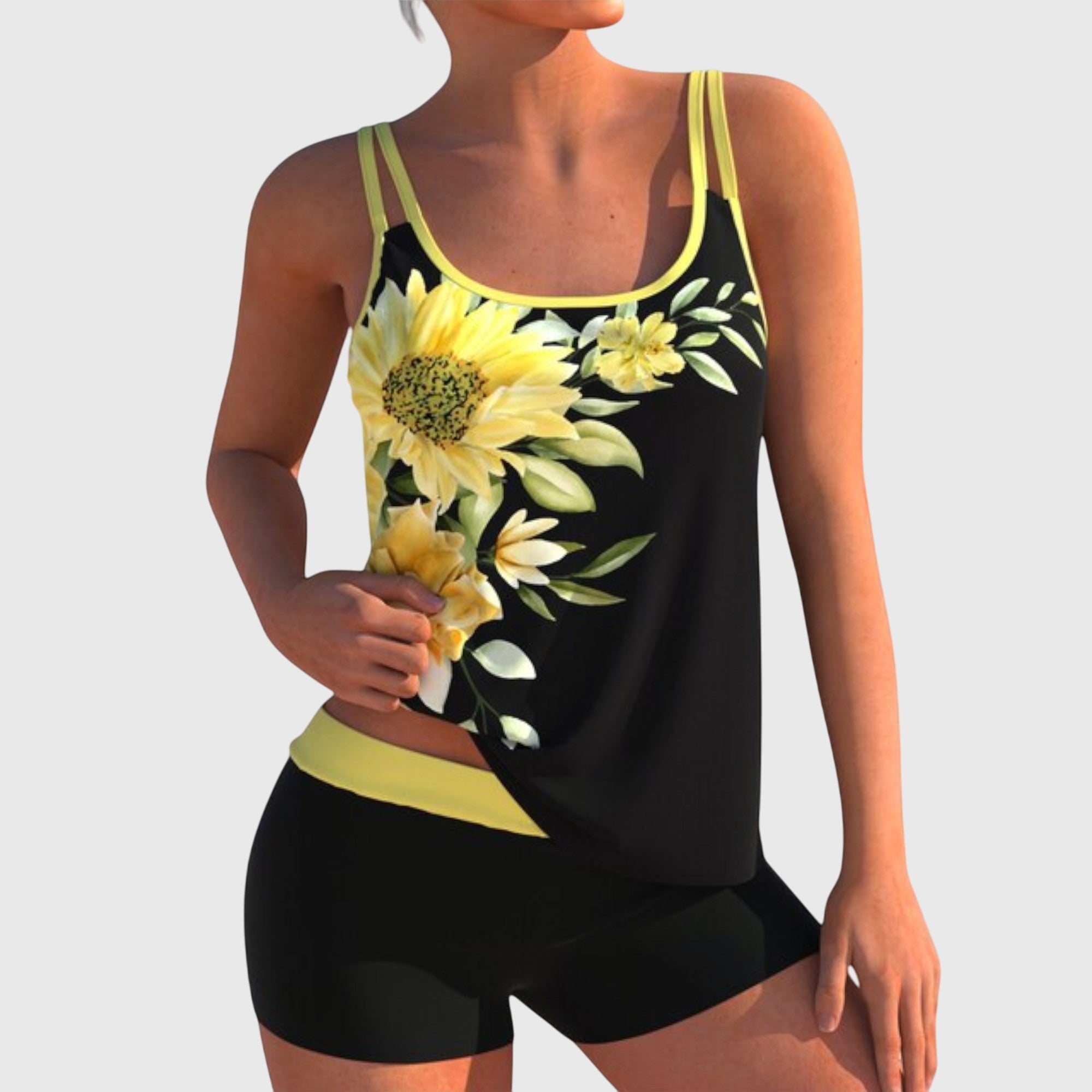 Flor – Blumen-Tankini mit Shorts, flacher Bauch-Effekt