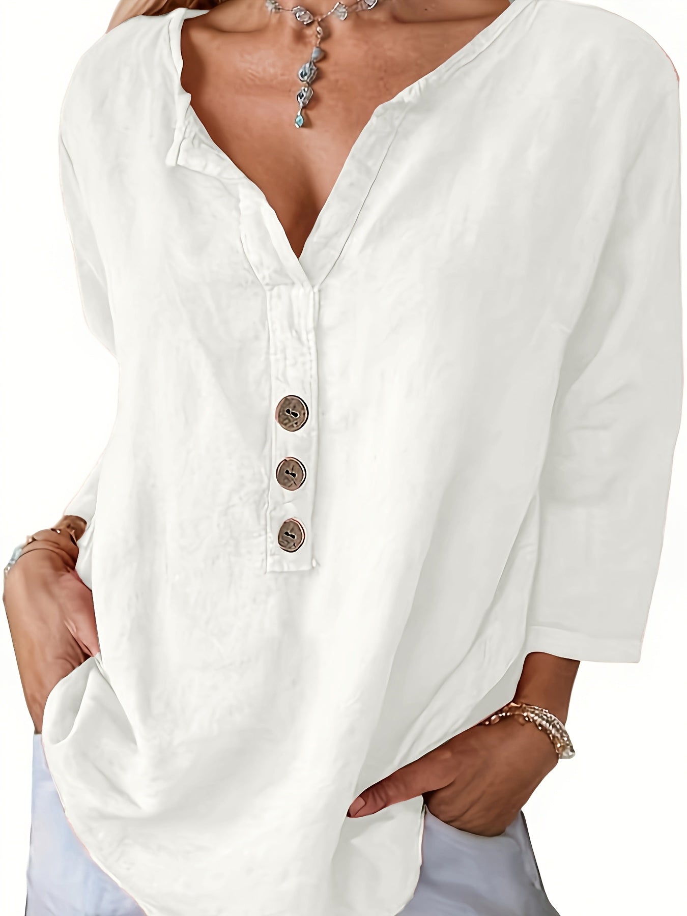 Harper™ - Lockere V-Ausschnitt Bluse mit Knöpfen