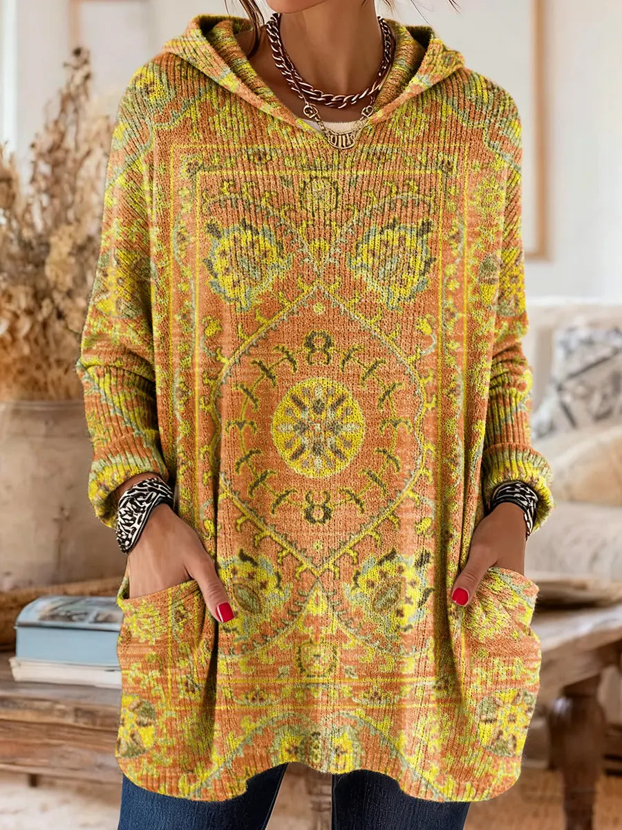 Vintage-inspirierte Kapuzenstrick-Tunika mit Taschen und ethnischem Druck