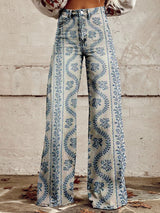 LENA BLAU GEMUSTERT BREIT GESCHNITTETE HOSE
