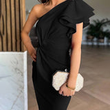 Diana | Damen Ein-Schulter Midi Kleid mit Rüsche und Ausschnitt