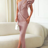 Diana | Damen Ein-Schulter Midi Kleid mit Rüsche und Ausschnitt