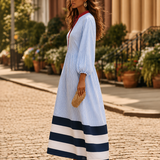 Damen Midi-Kleid mit Stehkragen, langen Ärmeln und Streifen mit Knöpfen