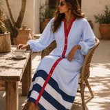 Damen Midi-Kleid mit Stehkragen, langen Ärmeln und Streifen mit Knöpfen