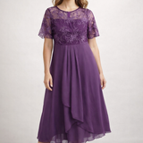 Damen Midi Kleid mit floralem Spitzenoberteil und kurzen Ärmeln
