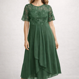 Damen Midi Kleid mit floralem Spitzenoberteil und kurzen Ärmeln