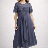 Damen Midi Kleid mit floralem Spitzenoberteil und kurzen Ärmeln