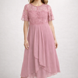 Damen Midi Kleid mit floralem Spitzenoberteil und kurzen Ärmeln