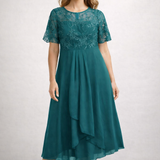 Damen Midi Kleid mit floralem Spitzenoberteil und kurzen Ärmeln