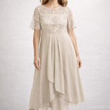 Damen Midi Kleid mit floralem Spitzenoberteil und kurzen Ärmeln