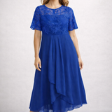 Damen Midi Kleid mit floralem Spitzenoberteil und kurzen Ärmeln