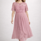 Damen Midi Kleid mit floralem Spitzenoberteil und kurzen Ärmeln