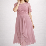 Damen Midi Kleid mit floralem Spitzenoberteil und kurzen Ärmeln