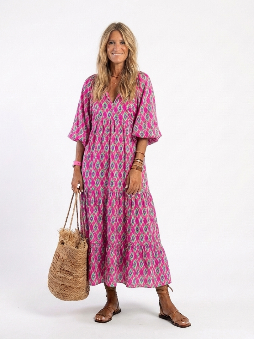 Apolline | Midi-Kleid mit dreiviertel Ärmeln und V-Ausschnitt im Muster
