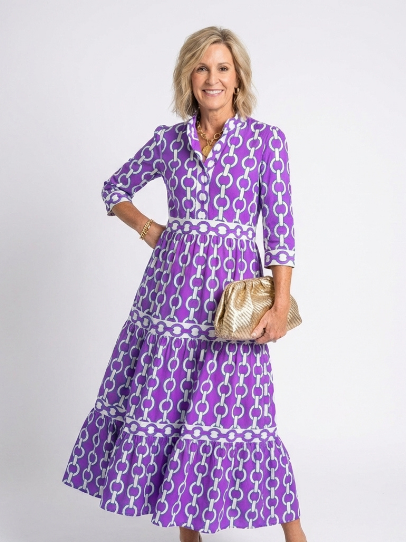 Ysolde | Midi-Kleid mit 3/4-Ärmeln und Kettenmuster