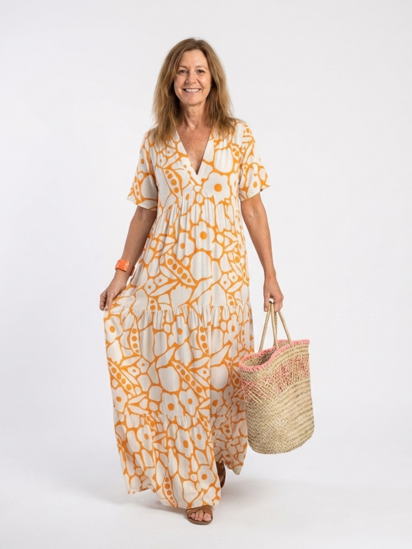 Zuleika | Kurzärmliges V-Ausschnitt Blumen-Midi-Kleid