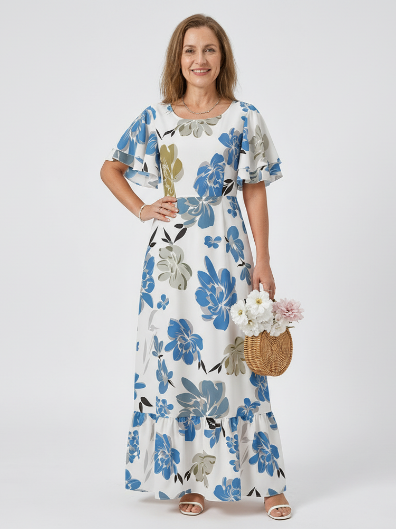Elowen | Rundhals Kurzarm Schichten Maxikleid