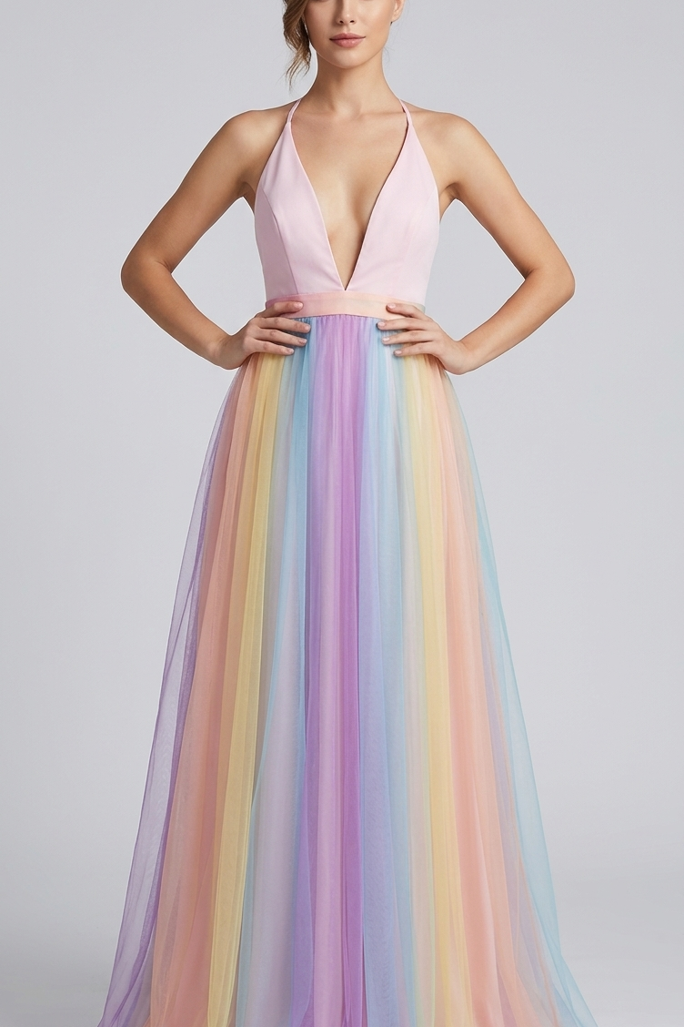 Damen Halter V-Ausschnitt Maxikleid