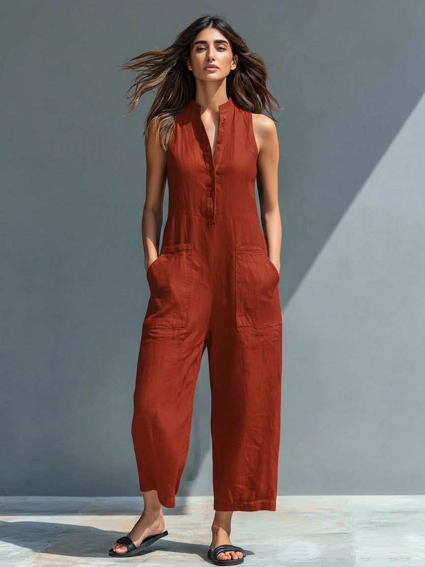 Minimalistischer Damen-Jumpsuit mit Stehkragen, Knopfleiste und lässiger, lockerer Passform