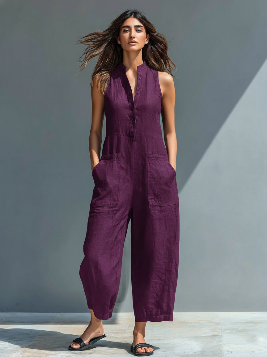 Minimalistischer Damen-Jumpsuit mit Stehkragen, Knopfleiste und lässiger, lockerer Passform