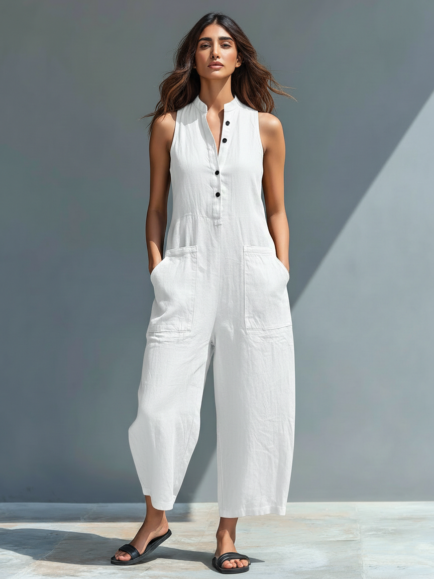 Minimalistischer Damen-Jumpsuit mit Stehkragen, Knopfleiste und lässiger, lockerer Passform