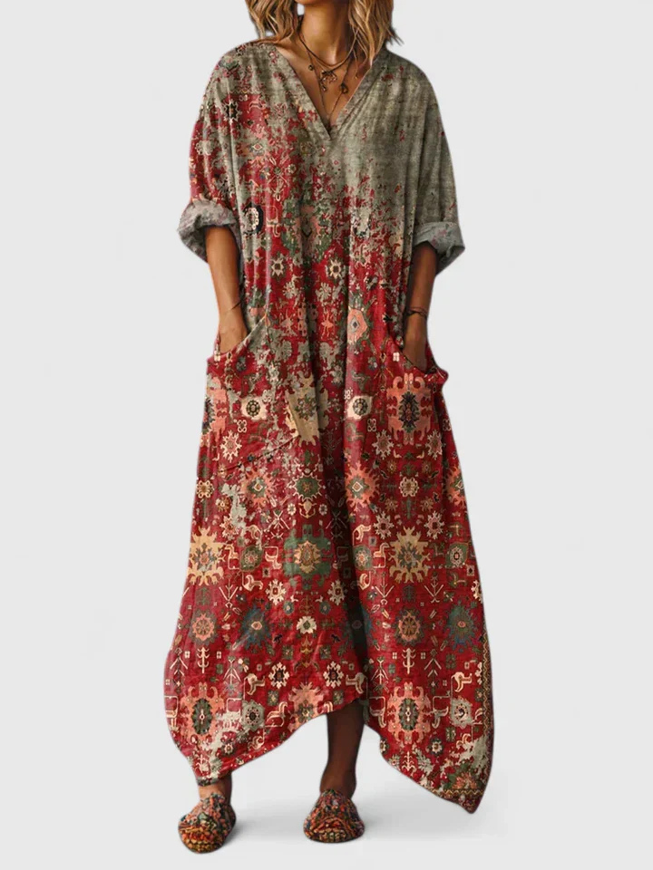 Indra | Damen Maxi Kleid mit V-Ausschnitt und Taschen