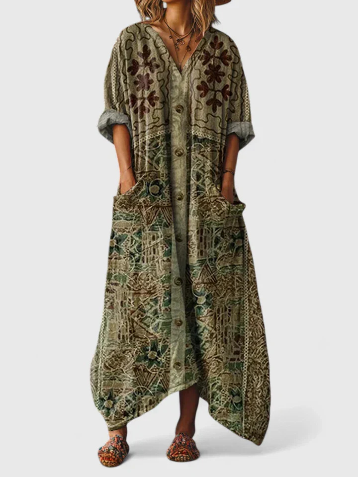 Indra | Damen Maxi Kleid mit V-Ausschnitt und Taschen