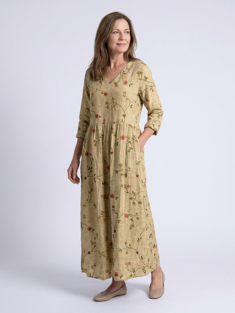 Marina | Floral V-Ausschnitt Maxikleid mit Dreiviertelärmeln