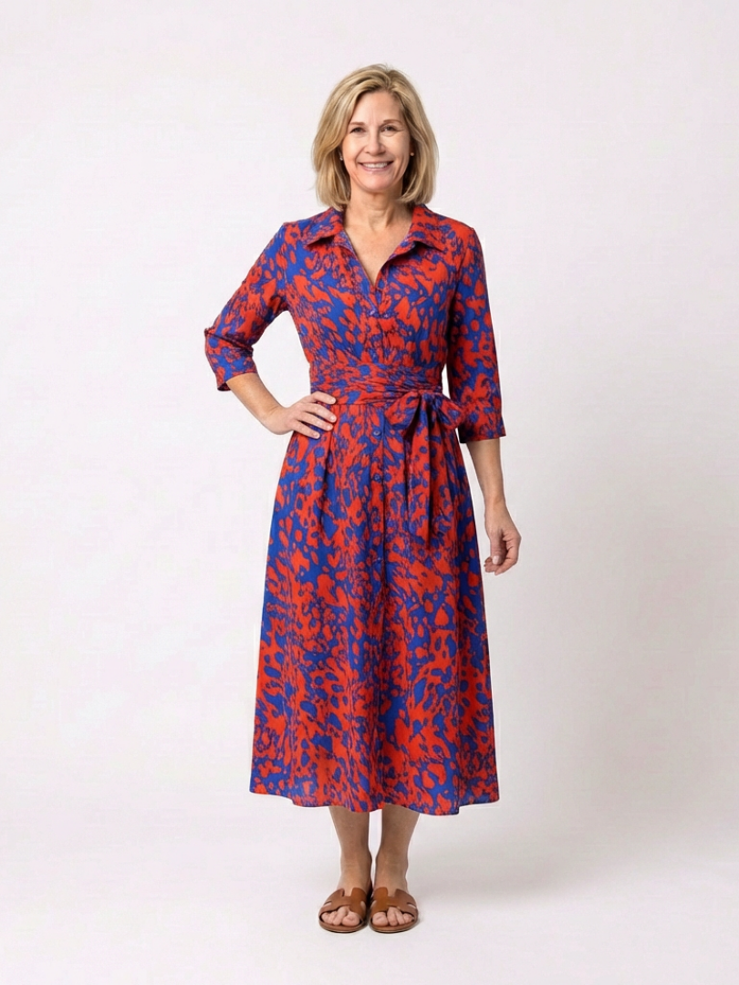 Oriana | Midi-Kleid mit Kragen, langen Ärmeln und Taillengürtel